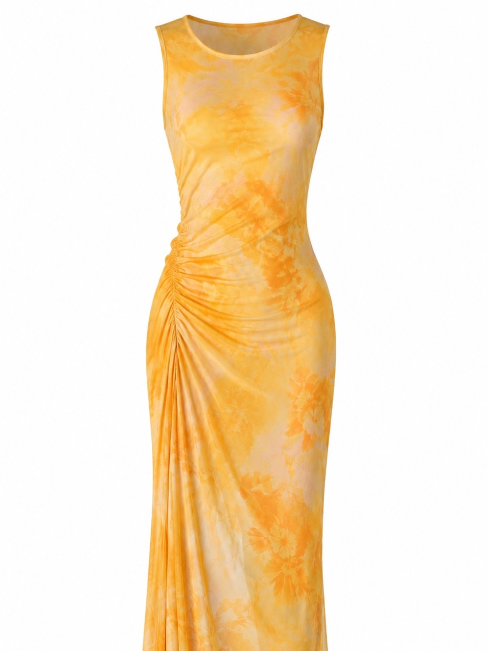 Yellow Floral Ruched Maxi Dress
